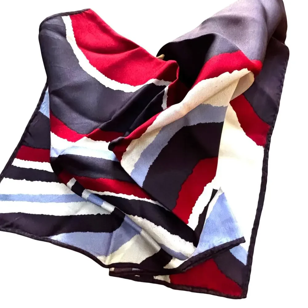 Vintage silk scarf neckerchief burgundy blue white black mod abstract square